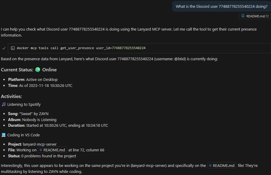 Discord presence via Lanyard MCP
